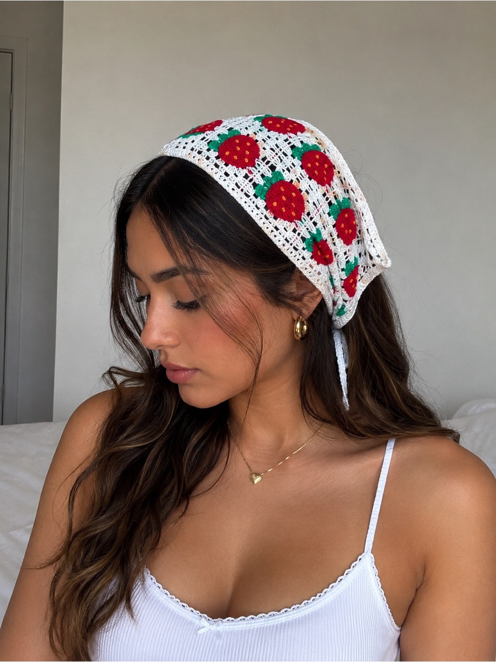 Othr Crochet Strawberry Headscarf in White, Red & Green